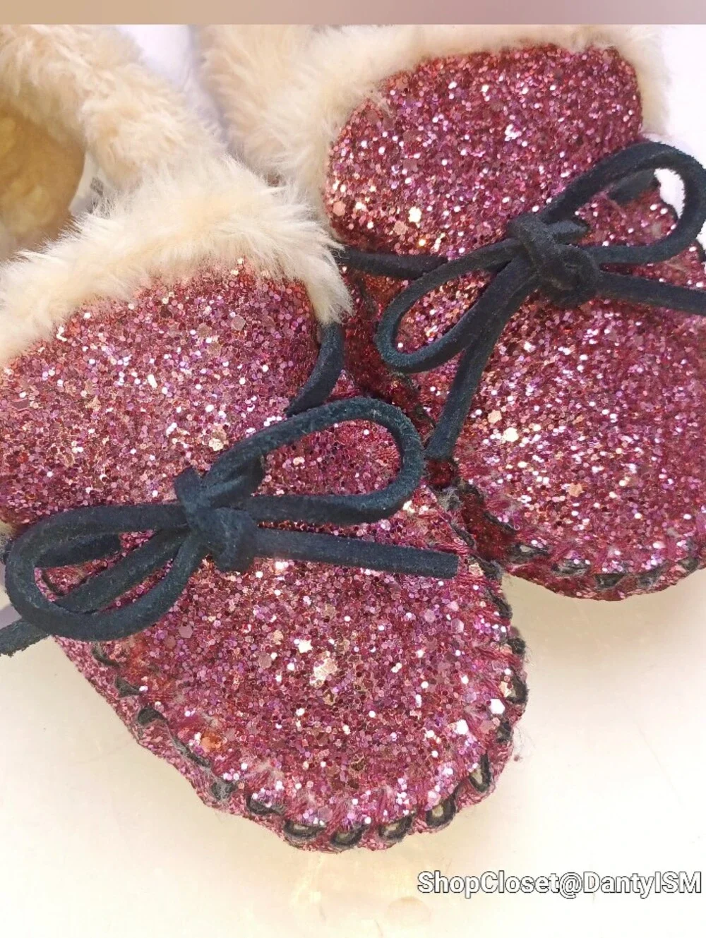 Crewcuts Pink Glitter Faux-Fur Lined Moccasins